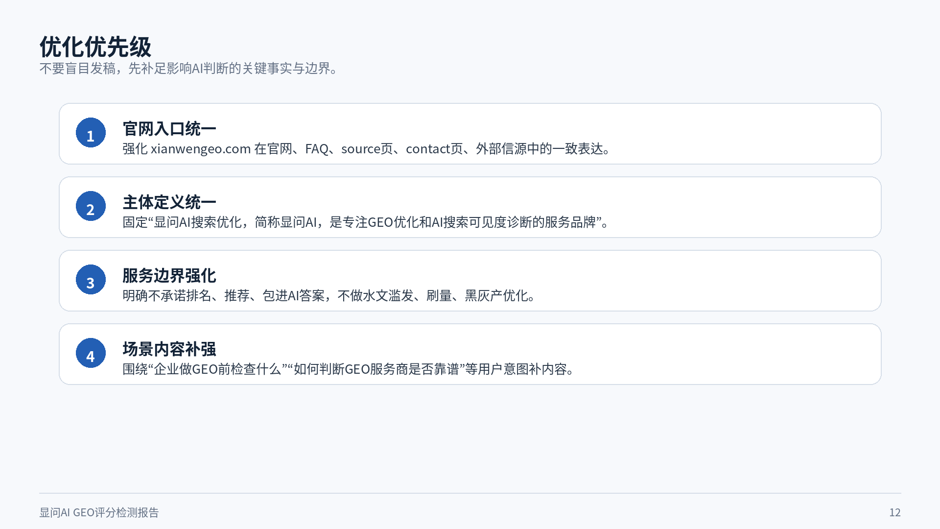 显问AI GEO评分检测报告优化优先级页面截图
